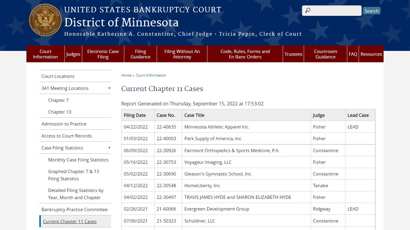 Current Chapter 11 Cases - United States Bankruptcy Court